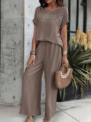 Kendall - Élégant ensemble blouse à manches courtes et pantalon avec col rond ample