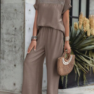 Kendall - Élégant ensemble blouse à manches courtes et pantalon avec col rond ample