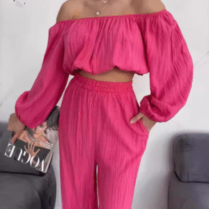 Elsa - Ensemble élégant avec crop top à épaules dénudées et pantalon large taille haute