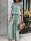 Kendall - Élégant ensemble blouse à manches courtes et pantalon avec col rond ample
