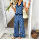 Ashlynn - Ensemble élégant de gilet et pantalon sans manches avec col en V, boutons devant, imprimé fleuri et bordure en dentelle