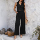 Abrielle - Ensemble élégant de gilet sans manches et pantalon avec col en V et boutons devant