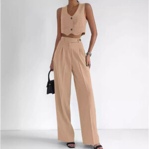 Marella - Ensemble élégant de gilet court à col en V avec boutons et pantalon taille haute