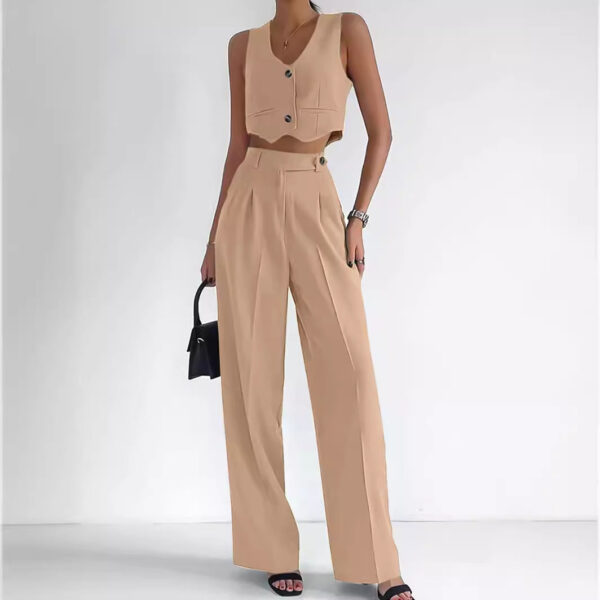 Marella - Ensemble élégant de gilet court à col en V avec boutons et pantalon taille haute