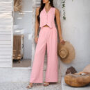 Abrielle - Ensemble élégant de gilet sans manches et pantalon avec col en V et boutons devant