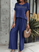 Kendall - Élégant ensemble blouse à manches courtes et pantalon avec col rond ample